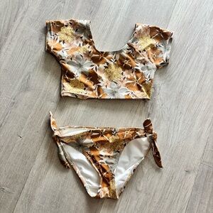 Rylee + Cru Girls Brown & Cream Floral Tie-Side Bikini Set